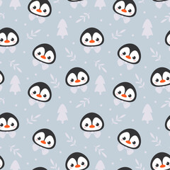 Seamless pattern with cute cartoon penguin head and christmas tree on gray background. Vector illustration of a character in a minimalistic flat style, hand drawn. Print for textiles.