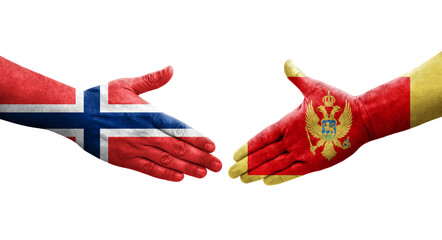 Handshake between Montenegro and Norway flags painted on hands, isolated transparent image.