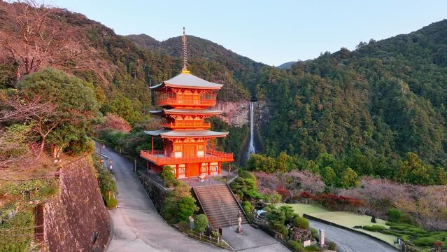 Japanese buddhist shrine in the mountains, Japanese culture and religion, asian tourist destination, Kumano Nachi Taisha temple and Nachi falls