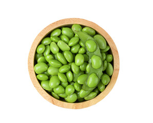 Green soy beans in wood bowl isolated on transparent png