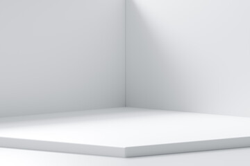 White room corner empty interior wall design on modern floor light indoor 3d home background of blank space perspective creative studio stage concept or simple presentation showroom display backdrop.