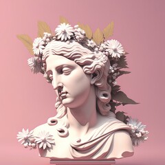 3D Ancient woman Statue. Greek, roman goddess. Bust sculpture with white flowers bouquet on pastel pink background. Nature feminine beauty abstract 3D render. Spring, summer render illustration
