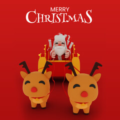 3d render santa claus riding sleigh with two reindeer