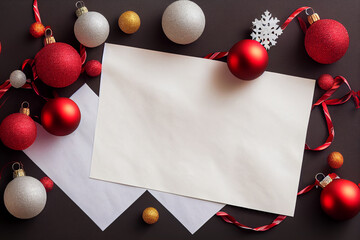 Xmas composition with balls and empty paper in center. Space for text, top view, flat lay