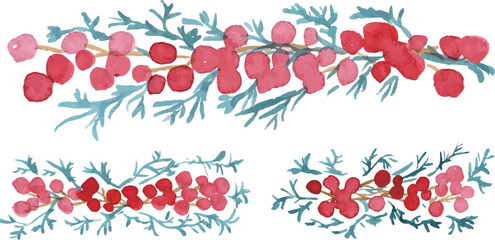 水彩画。水彩タッチの赤い柊の木の実ベクターイラスト。Watercolor painting. Red holly berries vector illustration with watercolor touch.