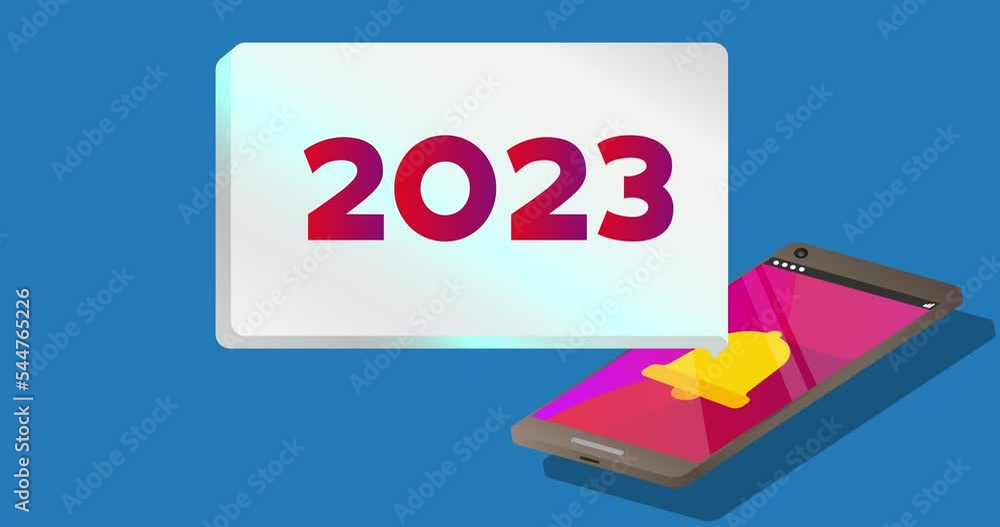 Poster 2023 on notification bubble from portable information device screen. mobile app message, connection,