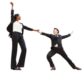 A man and woman dressed as legal/business professionals, dancing on a transparent background.