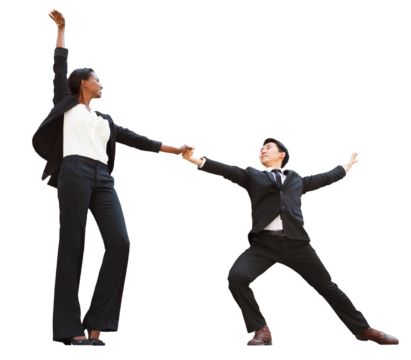 A man and woman dressed as legal/business professionals, dancing on a transparent background.