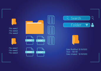 Concept : Document management system , folder and document icon software, searching and managing files online document database, for efficient archiving 