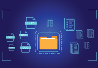 Concept : Document management system , folder and document icon software, searching and managing files online document database, for efficient archiving 