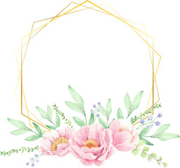 watercolor pink peony flower bouquet arrangement wreath with golden frame for logo or banner