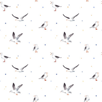 Watercolor hand drawn seamless pattern with cute illustration of flying gull birds, seagulls and colorful dots. Marine elements isolated on white background.