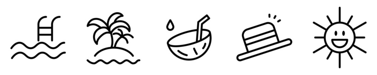 Conjunto de iconos de vacaciones de verano. Playa, piscina, sol, sombrero, coco. Ilustración vectorial