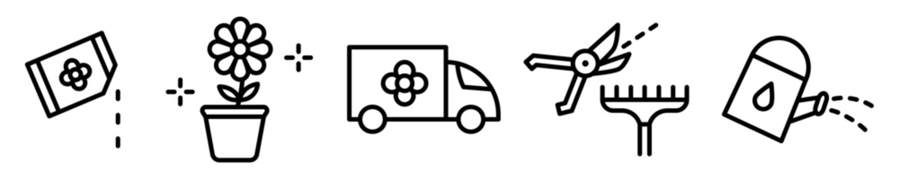 Conjunto de iconos de jard&iacute;n. Herramientas, flores, transporte. Ilustraci&oacute;n vectorial