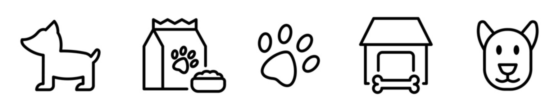 Conjunto de iconos de mascota. Perro, casa, huella, comida y alimento. Ilustraci&oacute;n vectorial