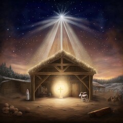 The star shines over the manger of christmas of Jesus Christ. - obrazy, fototapety, plakaty