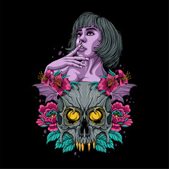Colorful Devil skull with girl on top with flowers and leaves all around for t shirt design