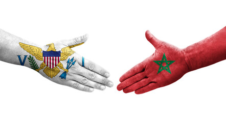 Handshake between Morocco and Virgin Islands flags painted on hands, isolated transparent image.