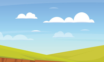Obraz premium Cartoon landscape summer green fields view spring lawn hill and blue sky
