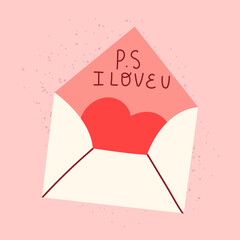 Vector opened envelope with red heart and confession.