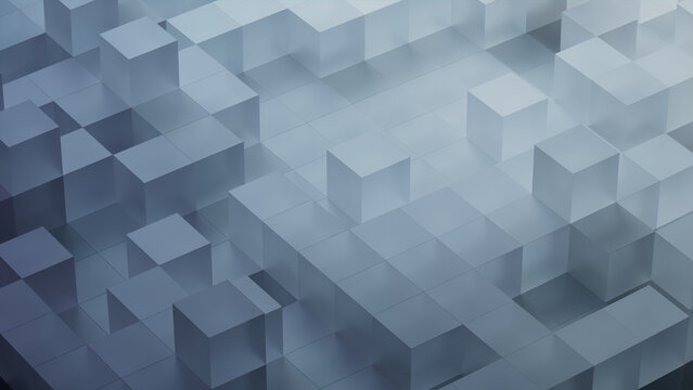Precisely Aligned Translucent Blocks. Grey, Contemporary Tech Background. 3D Render.