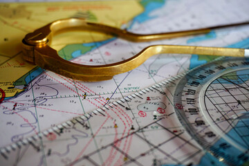 Compass course calculation, navigation, chart reading and sea chart orientation. Direction in...