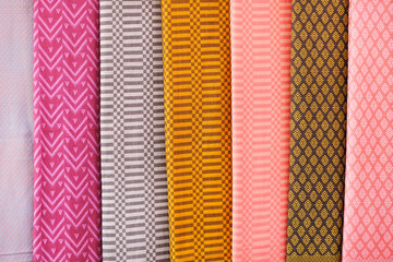 Pallet of vivid and colorful Indian fabric, India textile.