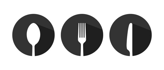 Cutlery round silhouette icons of spoon, fork, knife