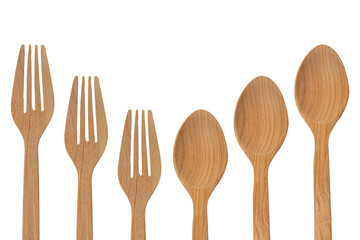 3 sets of wooden spoon and fork on white background