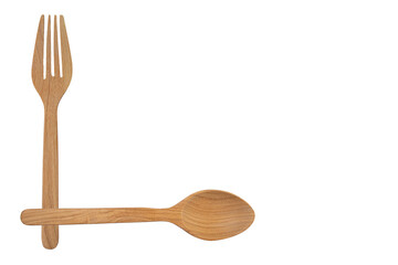 Wooden spoon and fork at right angles on white background