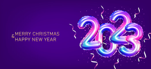 2023 3D Colorful Foil Balloon Numbers on Purple Background. New Year Horizontal Banner with Colorful Confetti. Realistic Vector Illustration for Poster, Banner, Invitation Card etc.