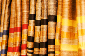 Pallet of vivid and colorful Indian fabric, India textile.