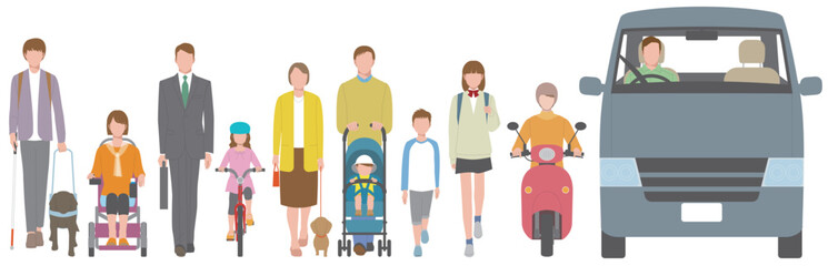 障害者、高齢者など歩行者や車両の正面イラスト