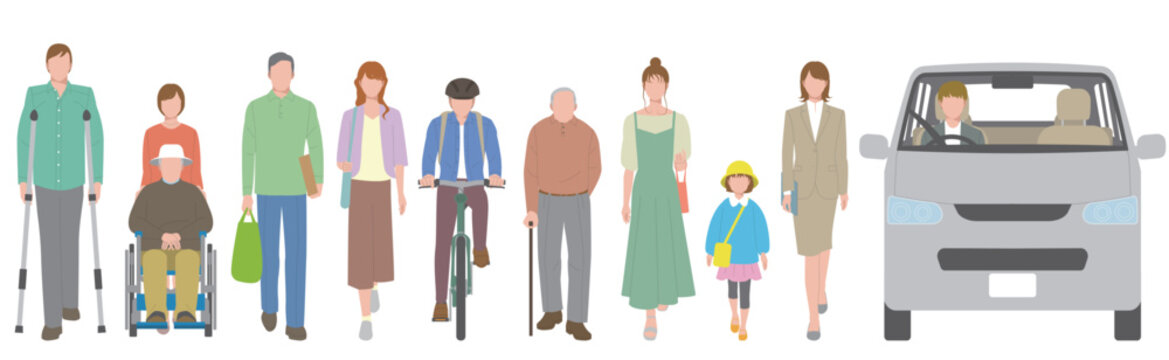 障害者、高齢者など歩行者や車両の正面イラスト