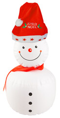 Bonhomme de neige souriant coiffé du bonnet du père Noël , fond blanc 