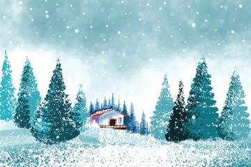 Beautiful winter landscape snowy christmas tree card background