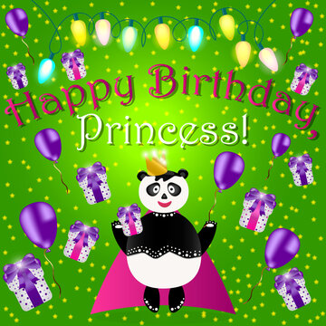 Happy Birthday, Princess card. Panda, violet balloons, gift boxes and garland on a green starry background