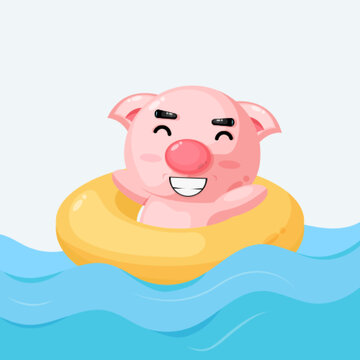 cute a pig swimming in the ocean illustration