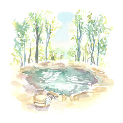水彩で描いた温泉と露天風呂のある風景イラスト - obrazy, fototapety, plakaty