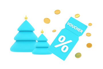 Naklejka na ściany i meble 3D. discount coupon with percentage sign with coins. Voucher card cash back christmas tree.