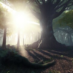 Dark mystical forest, the rays of the sun pass through the trees, shadows. Big old tree in the center, magical glow. Beautiful forest fantasy landscape. Unreal world. 3D illustration.