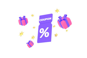 3D. Sale coupons and gift boxes composition.