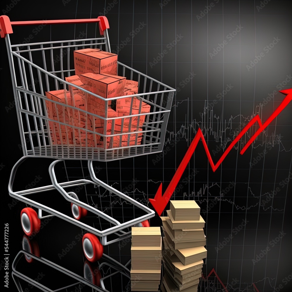 Poster shopping cart with red upward arrow surrounded by cardboard boxes and stock charts on the back that 