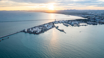 Aerial view oil terminal industrial facility storage tank oil and petrochemical product for transport storage facility, Storage tank petroleum petrochemical refinery product at oil terminal.