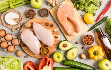 flat composition with useful products containing unsaturated fatty acids. omega 3, salmon steak,...