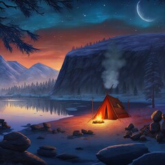Camp by the lake with campfire in winter at dusk