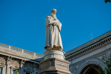 Statue of Leonardo da Vinci placed in front of the Scala Theatre in Milan