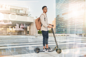 Businessman, travel on electric scooter or futuristic marketing data, 5g network or city networking grid in city or street. Vision, data analysis or overlay tech, hologram or UX IOT with lens flare