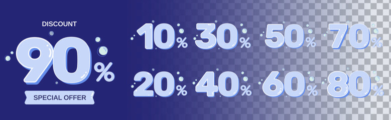 Set of flat light blue Discount numbers with bubble concept. Price off tag design collection. 10%, 20%, 30%, 40%, 50%, 60%, 70%, 80%, 90%, percent vector illustration.