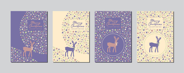 vector christmas cards collection in purple, creme and dusky pink with deer, set of abstract and elegant vector cards for print, web und social media